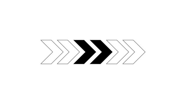 Seamless loop black chevron arrow with outline stripe animation moving horizontally from left to right on white background. 4K animated for motion graphics, road signage, and visual navigation.