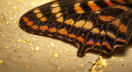 Macro view of butterfly wing with gold glitter for art and design elements