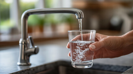 Glass being filled with water from stainless steel kitchen faucet  