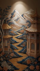 Serene asian landscape painting gold river temples