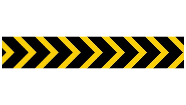 Seamless loop black and yellow chevron arrow stripe animation moving horizontally from left to right on white background. 4K animated for motion graphics, road signage, and visual navigation.