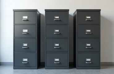 Three dark filing cabinets line against a plain wall. Office storage furniture with handle, drawers for documents. Metal containers for archive, paperwork, corporate business data.