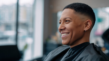 Fototapeta premium A happy person with a fresh fade haircut smiles brightly in a barbershop or salon. 