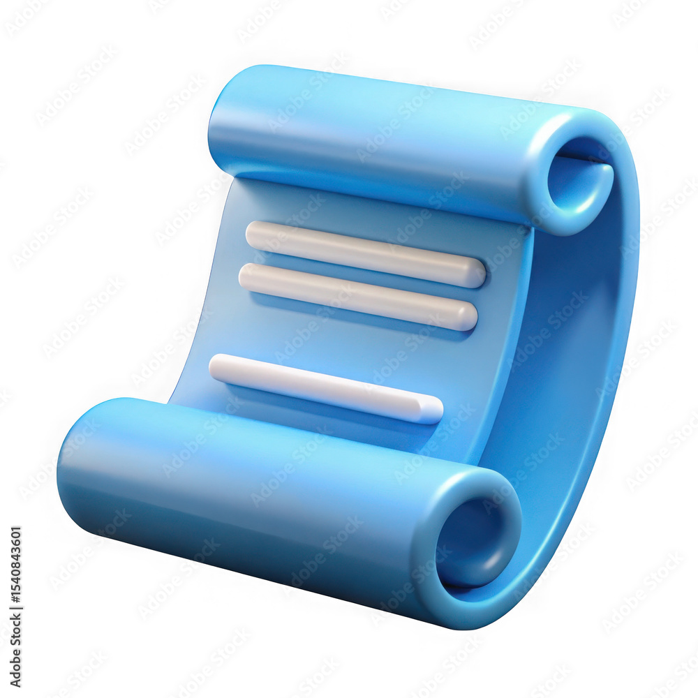 Poster 3d render of a blue rolled up document scroll with white lines isolated on transparent background