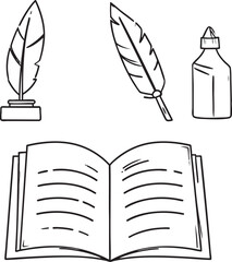 Elegant Line Art Icon Set Open Journal, Quill Pen, and Ink Bottle – Perfect for Writers and Artists
