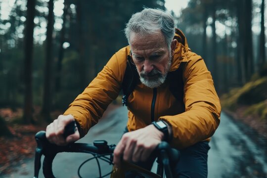 Old male cyclist rides through misty forest pathway during a cool morning, Vertical shot of old male cyclist riding bike on forest road and stopping to check his smartwatch