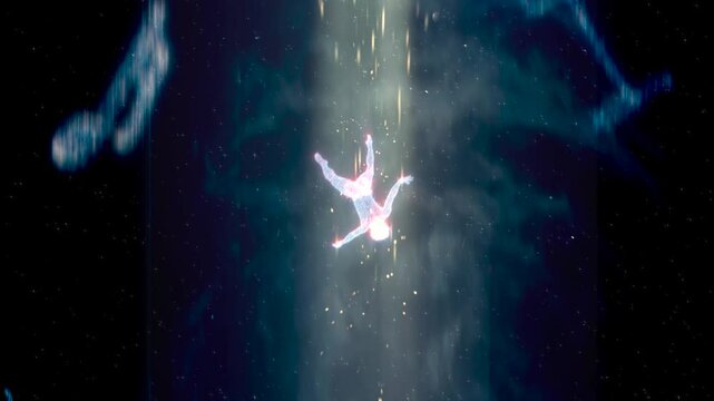 Man falling on musical universe. Abstract universe. Man falling into the void. Musician with existential emptiness.