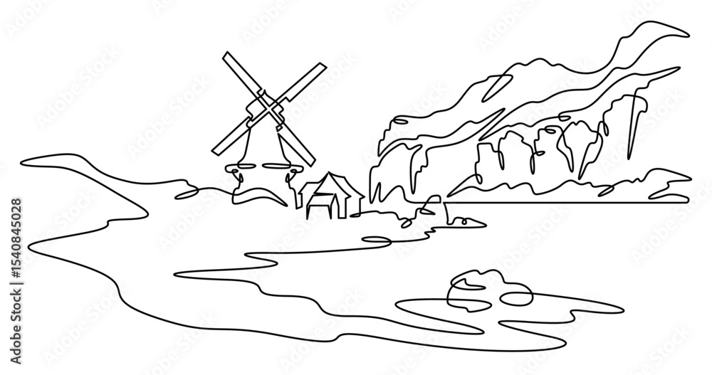 Poster continuous one line drawing mill on the river bank. windmill. old mill against the backdrop of hills