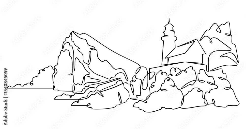 Poster continuous one line drawing lighthouse on a rocky cliff. lighthouse on the seashore.one continuous l