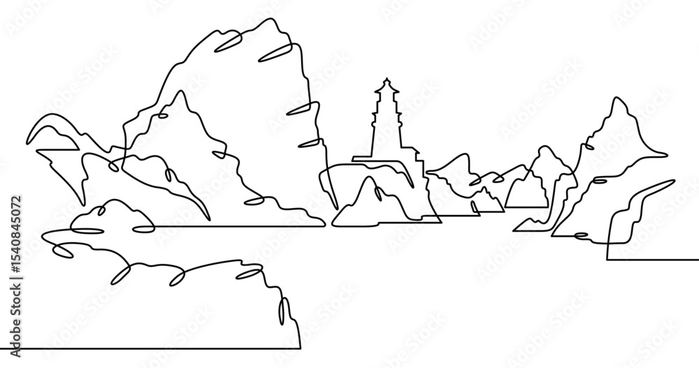 Poster continuous one line drawing lighthouse on a rocky cliff. lighthouse on the seashore.one continuous l