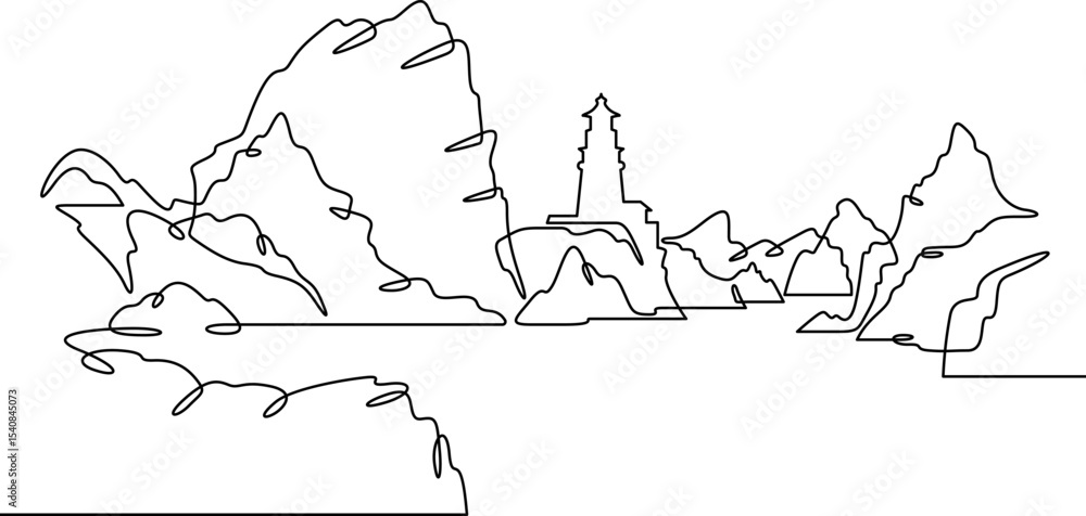 Poster continuous one line drawing lighthouse on a rocky cliff. lighthouse on the seashore.one continuous l