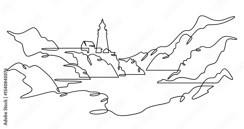Poster continuous one line drawing lighthouse on a rocky cliff. lighthouse on the seashore.one continuous l