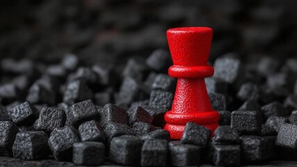 A vibrant red game piece stands out amidst a pile of black sugar cubes, symbolizing strategy