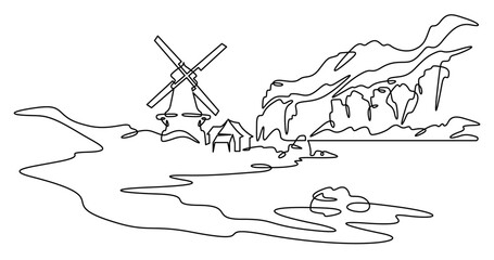 Continuous one line drawing mill on the river bank. Windmill. Old mill against the backdrop of hills. One continuous line isolated minimal illustration.Not AI.
