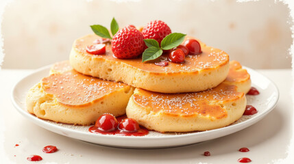 Delicious fluffy pancakes topped with strawberries and syrup on a plate