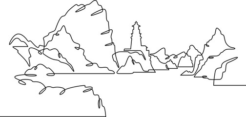 Continuous one line drawing lighthouse on a rocky cliff. Lighthouse on the seashore.One continuous line isolated minimal illustration.Not AI.