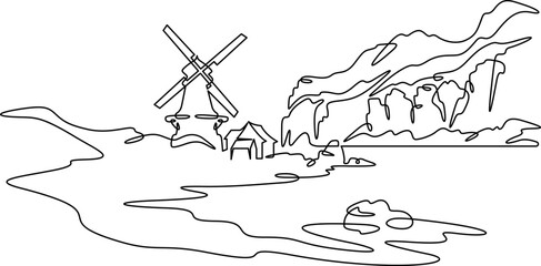 Continuous one line drawing mill on the river bank. Windmill. Old mill against the backdrop of hills. One continuous line isolated minimal illustration.Not AI.
