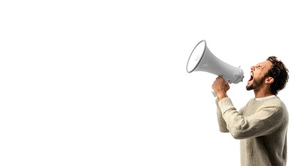 Fototapeta premium A man aggressively shouting through a megaphone on a white background