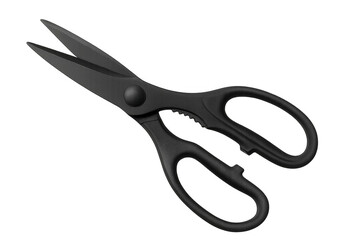 Black kitchen scissors with serrated blades on transparent background