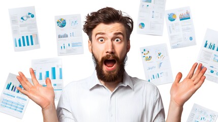 Surprised businessman with flying financial charts, expressing shock at the data.
