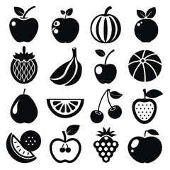 Black Fruit Silhouette Vector Icons Set – Apple, Banana, Cherry, Grape, Melon, Watermelon, Pear, Orange, and Strawberry – Healthy Organic Food Symbols for Design and Packaging