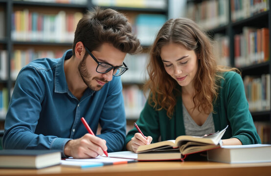 Two focused college students study together in library. Young man, woman sit, read book, write notes, preparing for exams. Academic, learning, knowledge, education concept. Teamwork, collaboration.