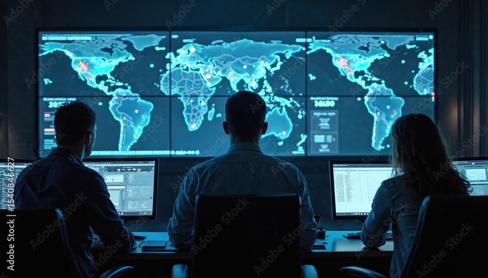 Poster Team monitors digital maps large screens. Data analysis, global intelligence, security surveillance in control center. Modern tech, advanced interface for mission operation planning.
