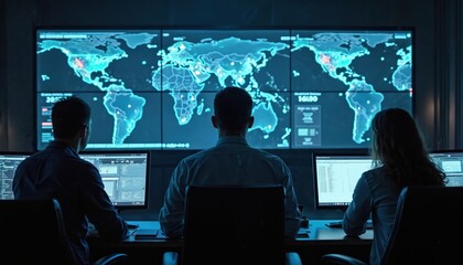 Team monitors digital maps large screens. Data analysis, global intelligence, security surveillance in control center. Modern tech, advanced interface for mission operation planning.