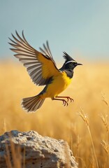 Crested lark bird in flight against yellow background. Galerida cristata species soars from stone. Bird with yellow feathers, black crest, white details. Wildlife scene from nature, Croatia.