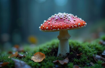 Amanita mushroom in forest. Red cap with white spots, toxic fly agaric, autumn nature. Poisonous mushroom growing in forest. Forest floor moss. Concept of danger.