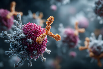 Antibodies attack a cancer cell or bacterium, 3d illustration.