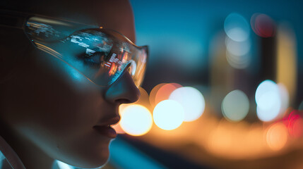 A futuristic female profile wearing stylish glasses is overlaid with abstract data visualizations and city lights.
