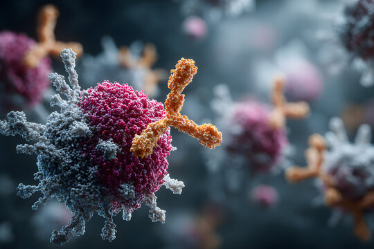 Antibodies attack a cancer cell or bacterium, 3d illustration.