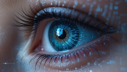close-up of the human eye. reflection of digital circuits