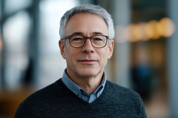 Senior company manager with glasses and grey hair presents a confident demeanor in office environment, Senior company manager with grey hair and glasses talks