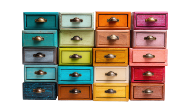 Colorful miniature drawers arranged in a grid pattern