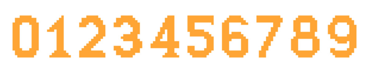 Set of orange pixelated digits from 0 to 9 on white background, perfect for retro games, digital art, or UI design. Vector illustration