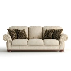 Naklejka premium Elegant Cream Sofa with Dark Accent Pillows: Classic Living Room Furniture