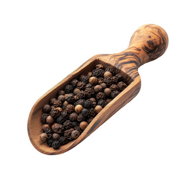 Peppercorns displayed in an elegant wooden scoop on a clean Transparent background, peppercorn in wood scoop isolated on PNG background