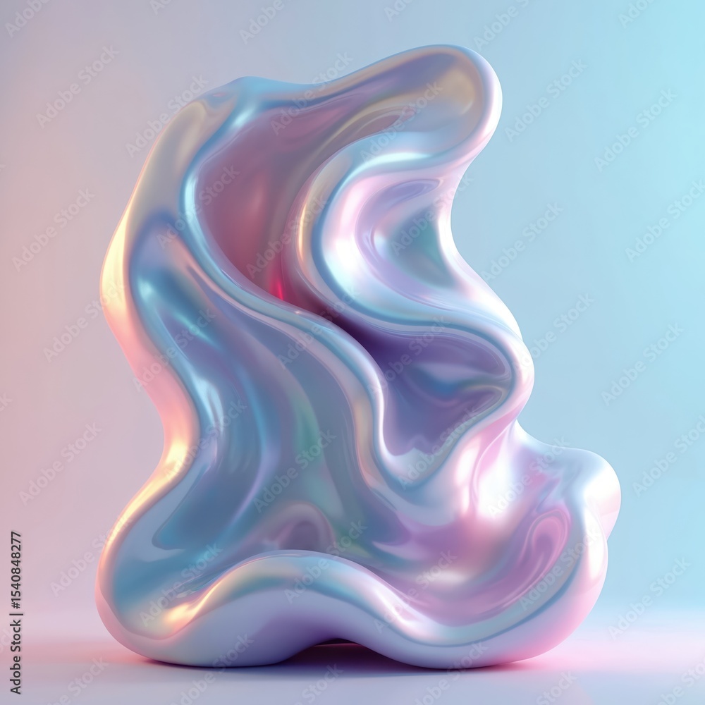 Poster Abstract 3D render of a wavy sculpture with pearlescent car paint. Iridescent liquid flow shape. Smooth, reflective, glossy gradient. Modern art concept.