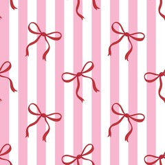 Red ribbon bow seamless pattern with bows over pastel pink vertical stripes