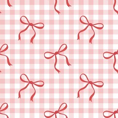 Red ribbon bow seamless pattern with bows over light pink gingham checks