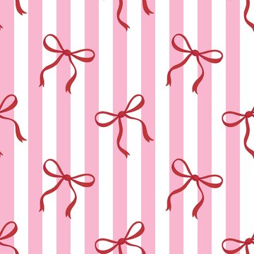 Red ribbon bow seamless pattern with bows over pastel pink vertical stripes