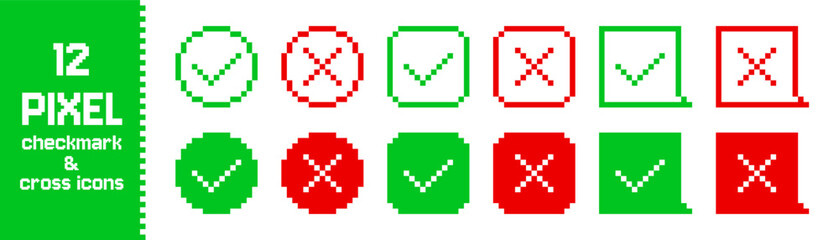 12 Pixel Checkmark and Cross Icons. Red and Green Pixelated Icons in Circle and Square Shapes for Digital Design and UI