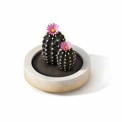 A charming 3D cactus adorned with delicate pink blossoms blooming vibrantly in a sunlit desert scene
