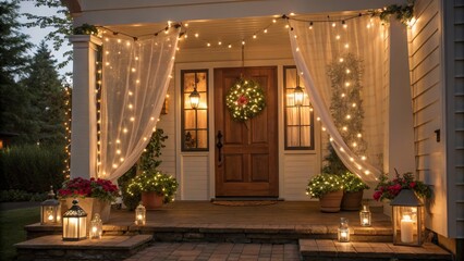 Fototapeta premium Cozy Porch Entrance String Lights, Sheer Curtains, Lanterns, Holiday Decor, Warm Lighting, Festive Atmosphere Holiday Lighting, Porch Decor