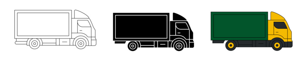 Three side-view truck vector illustrations in different styles: outline, silhouette, and colored version with yellow cabin and green cargo box