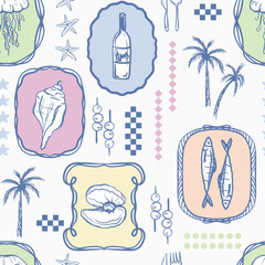 Tropical seafood pattern, summer Italy vacation mood. Retro palm trees, sardines, wine in the frames. Mediterranean wallpaper, cute hand drawn design, textile, background, paper patch