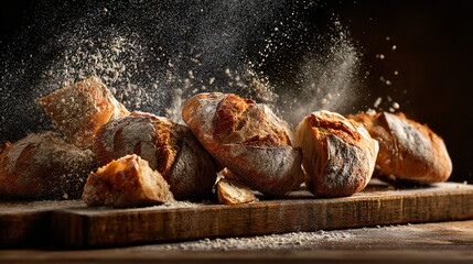 Artisan Bread Explosion on Rustic Wooden Board