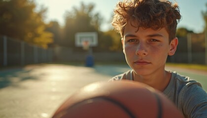 Teenage boy focused on basketball court. Athlete holds ball, looks directly at viewer. Afternoon sunlight highlights determination. Concept healthy lifestyle sport activity.